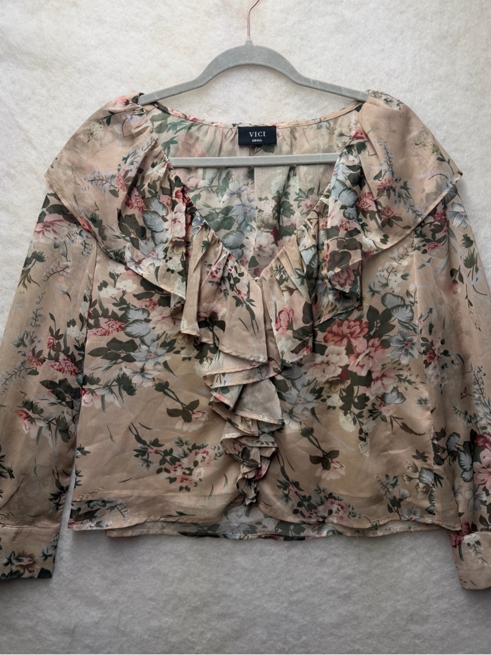 VICI Floral Ruffle V-Neck Blouse Size Small Pink Beige Long Sleeve Sheer Boho